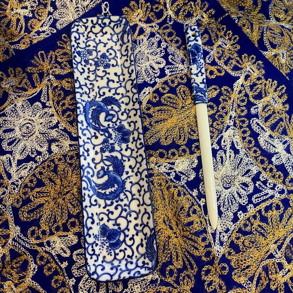 Vintage Porcelain Chinoiserie Letter Opener & Tray